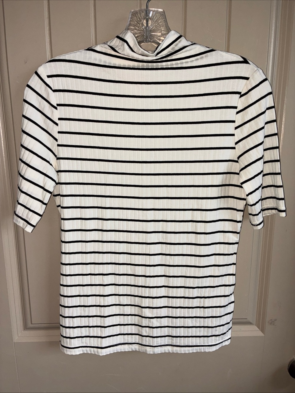 Mystree White and Black Striped Short Sleeve Mock Neck Top